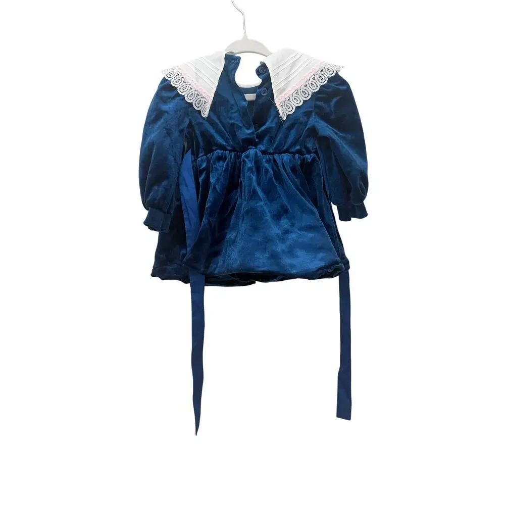 Vintage Pretty as a Picture Blue Panne Velvet Baby Dress Lace Collar 18M USA 90s